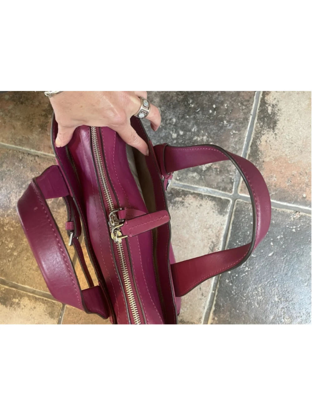 Tumi Magenta Leather Handbag Silver Hardware Office Work